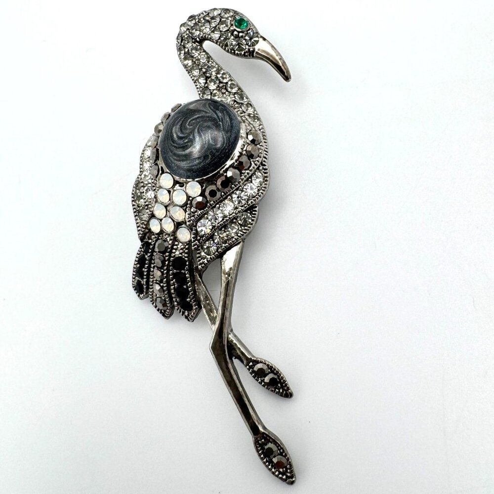 Vintage Silver-Tone crane Brooch With Rhinestones Marbled Black Cabochon Accent